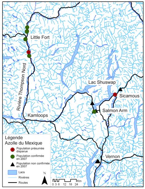 Carte montrant l’aire répartition de l’azolle du Mexique au Canada et en Colombie-Britannique.