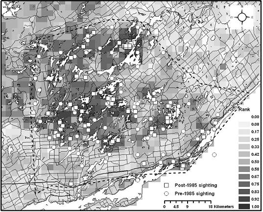 Figure 3. Rank of habitat inside 500 ha grid squares overlaid across the Frontenac Axis.