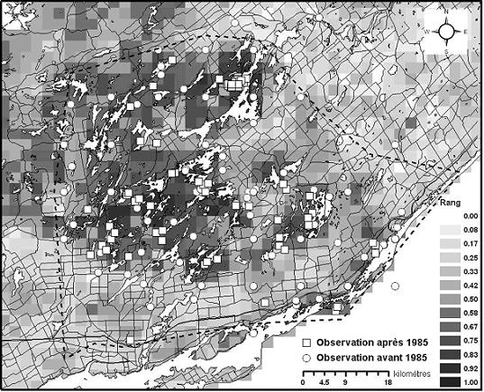 Figure 3. Classement de l’habitat par bloc de 500 ha sur une grille superposée à l’axe de Frontenac