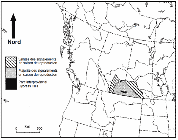 Aire de reproduction du Bruant de McCown au Canada (selon Semenchuk, 1992; With, 1994a; Smith, 1996; AOU, 1998; Saskatchewan Wetland Conservation Corporation, 2002; National Audubon Society, 2003; Sauer et al., 2004)