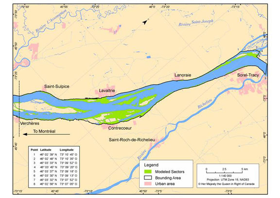 Figure 9. Bounding area (in black) in which critical adult feeding habitat corresponds to grass beds presenting the attributes listed in Table 3. (See long description below)