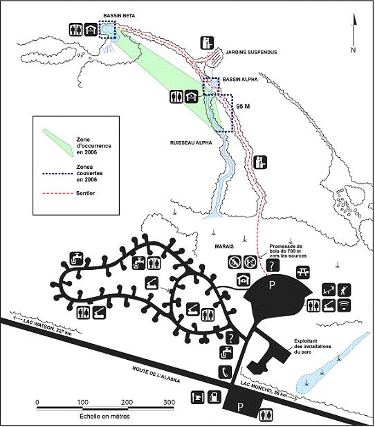 Figure&nbsp;3. Carte du parc provincial Liard River Hot Springs illustrant la zone d’occurrence de l’habitat accessible du Physella&nbsp;wrighti lors du relevé de&nbsp;2006