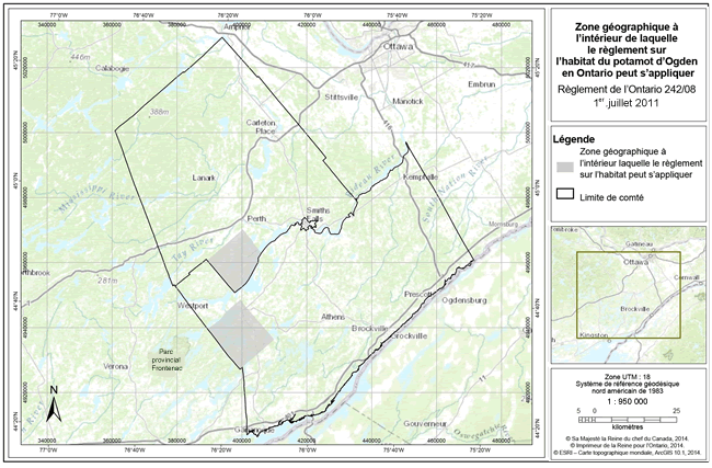 Carte : Zone géographique à l'intérieur de laquelle le règlement sur l'habitat du potamot d'Ogden en Ontario peut s'appliquer