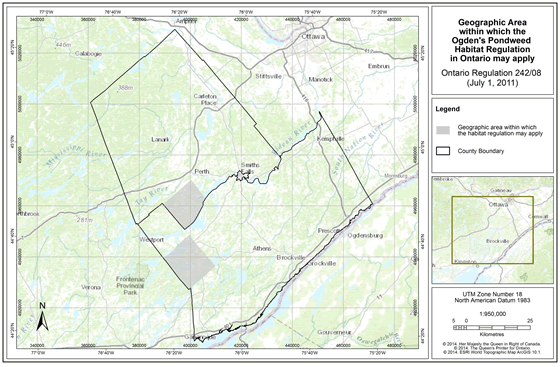 Map: Geographic Area with which the Ogden's Ponderweed Habitat Regulation in Ontario may apply.
