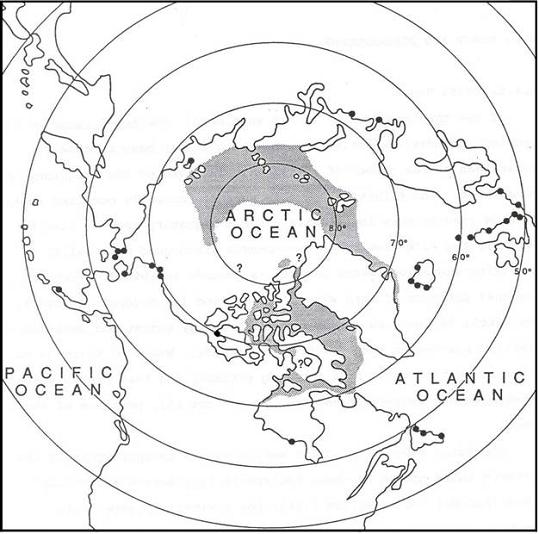 Figure 3. Narwhal distribution as modified from Reeves (1992a)using reference material cited in text. Stippling indicates the species’ general distribution and the dots indicate extralimital reports.