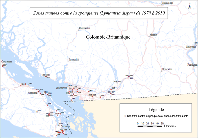 Zones traitées contre la spongieuse de 1979 à 2010