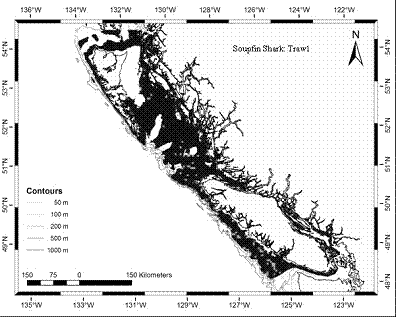 Figure 5. Possible distribution of tope in Canada’s Pacific waters based on captures in the commercial trawl fishery between 1996 and October 2005