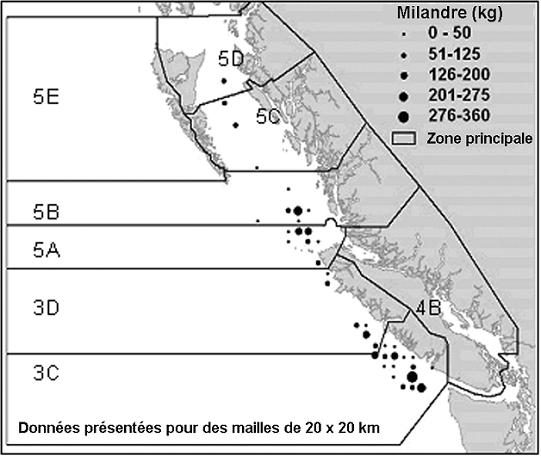Figure 3. Répartition des prises accessoires de milandres dans les pêches commerciales à la palangre et au chalut de 1996 à 2005.