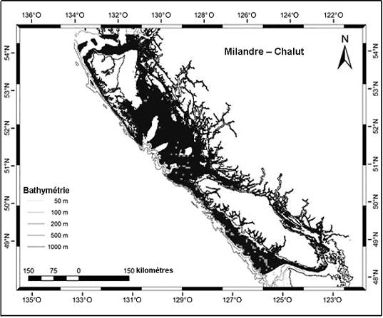 Figure 5. Répartition possible du milandre dans les eaux canadiennes du Pacifique d’après ses prises accessoires dans la pêche commerciale au chalut de 1996 à octobre 2005.