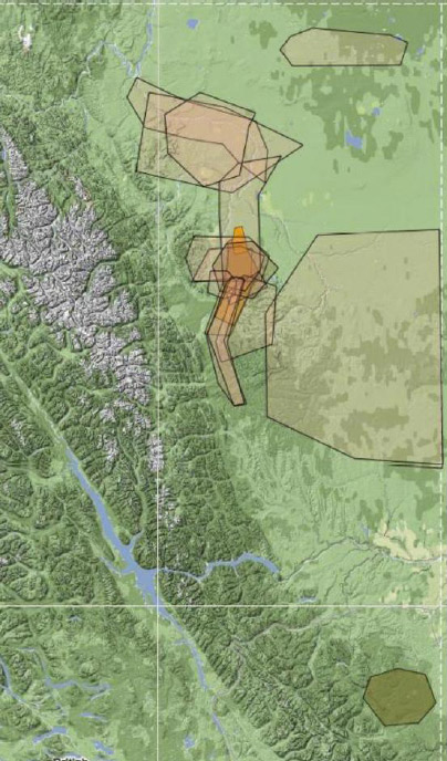 Carte illustrant les aires de répartition du caribou en Colombie-Britannique, établie par la Nation métisse de la Colombie-Britannique.