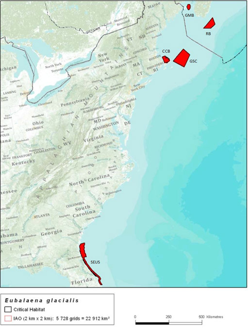 Figure 3. Areas legally identified (Canada) or designated (U.S.) as Right Whale Critical Habitat. (See long description below)