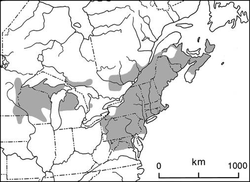 Figure 2. Aire de répartition de la tortue des bois en Amérique du Nord