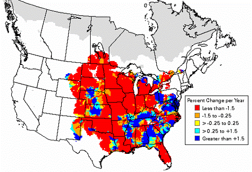 Figure 3. &nbsp;Percent change in Red-headed Woodpecker abundance in North Americaaccording to the Breeding Bird Survey (based on Sauer et al. 2005).