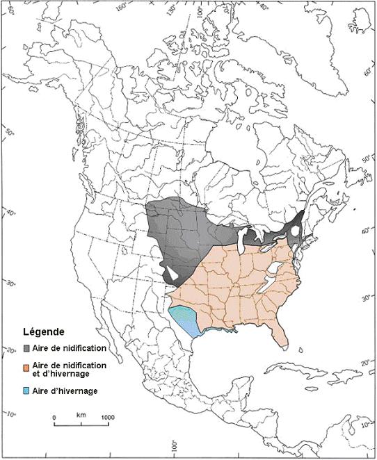 Figure 1.&nbsp; Répartition du Pic à tête rouge en Amérique du Nord, d’après Smith et al. (2000).