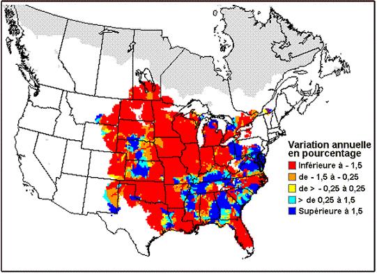 Figure 3. Variation en pourcentage de l’abondance du Pic à tête rouge en Amérique du Nord, selon le Relevé des oiseaux nicheurs (d’après Sauer et al., 2005).