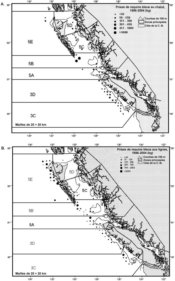 Figure 12 : Répartition des prises de requins bleus de 1996 à 2004 par les pêches commerciales de poisson de fond : A) au chalut; B) aux lignes
