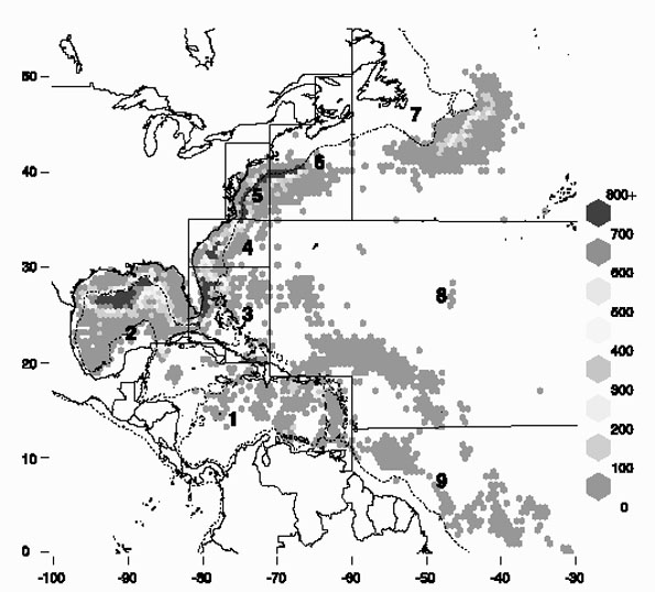 Figure 16 : Carte du nord-ouest de l’Atlantique illustrant la distribution de l’effort de pêche pélagique à la palangre des États-Unis de 1986 à 2000.