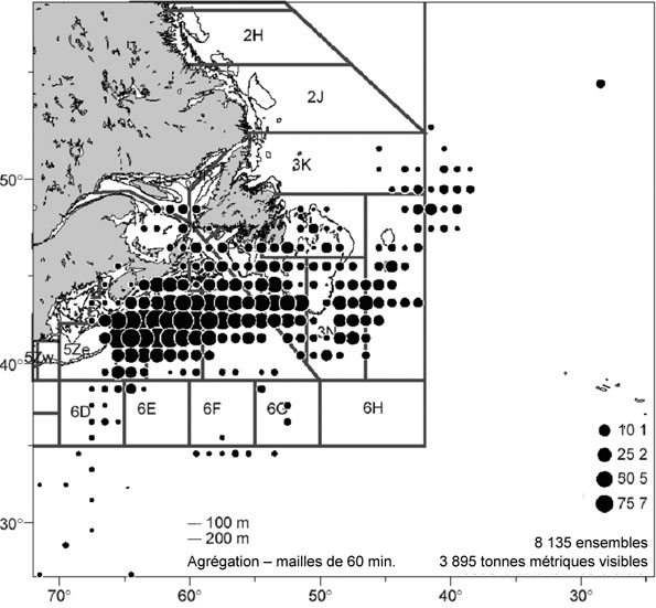 Figure 3 : Aire de répartition du requin bleu dans la région atlantique du Canada, d’après tous les registres de prises commerciales connus de 1986 à 2004.