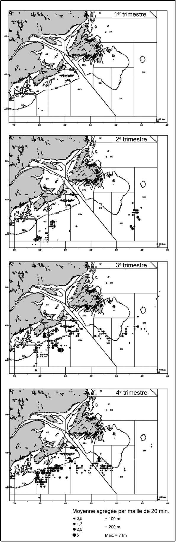 Figure 4 : Emplacement des prises de requins bleus, selon la saison, d’après les observations du Programme international des observateurs sur les navires canadiens pratiquant la pêche à l’espadon ou au thon de 1986 à 2001.