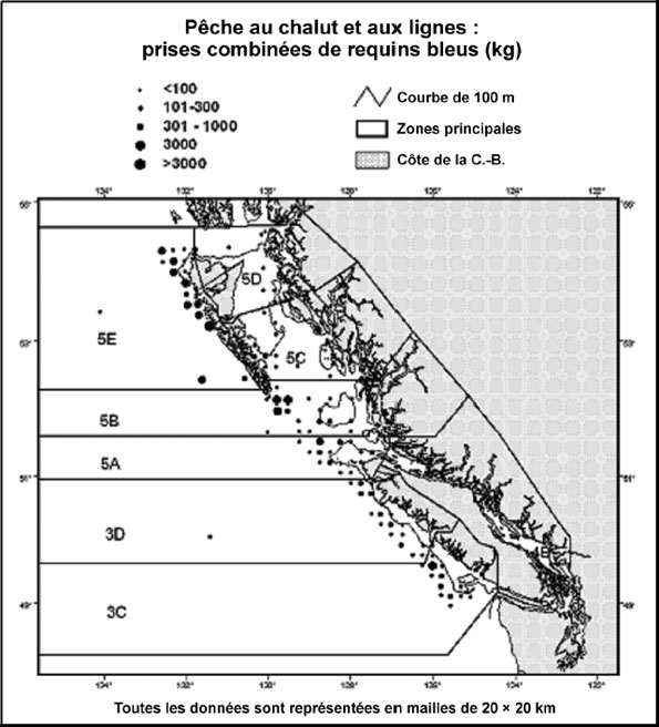 Figure 5 : Répartition des prises de requins bleus au large de la Colombie-Britannique, d’après les registres de toutes les pêches commerciales de 1996 à 2004.