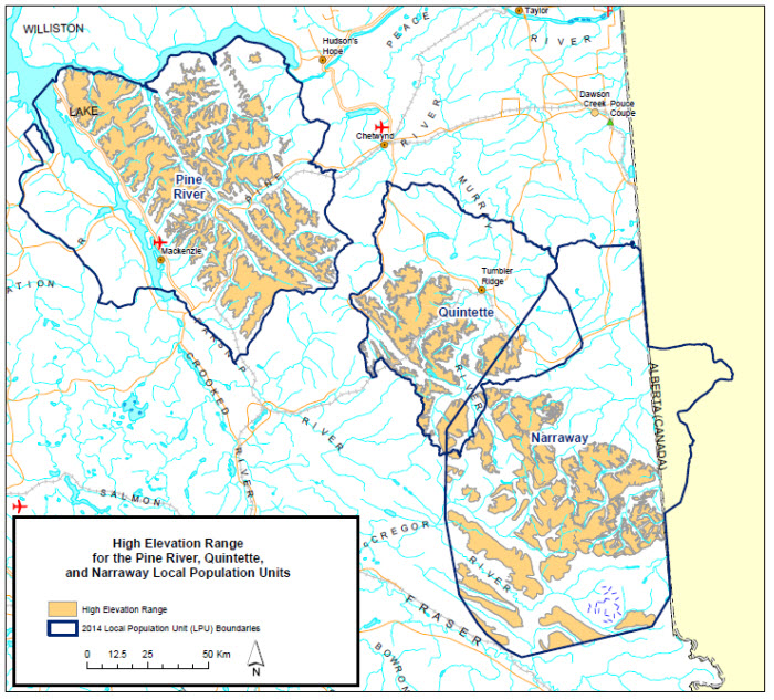 Map of high elevation habitat BC(see long description below)