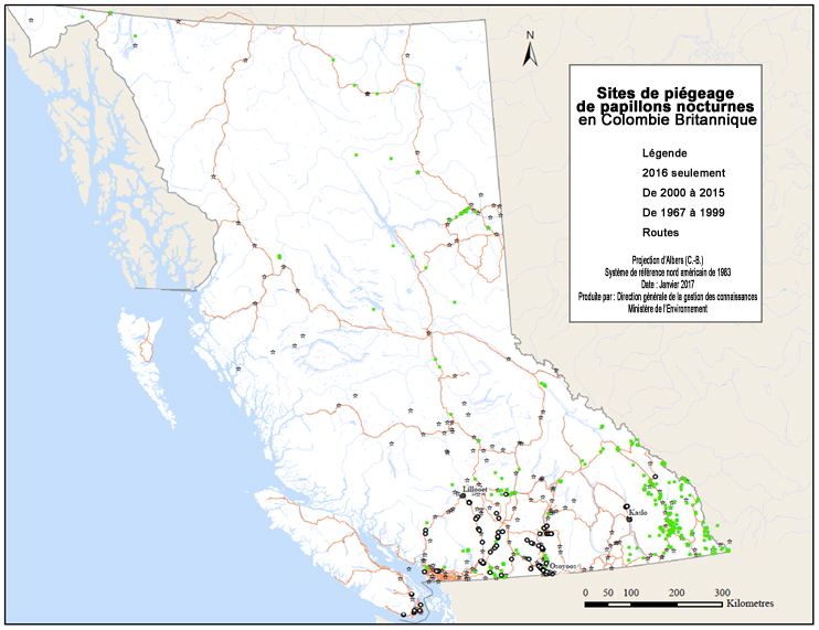 Sites  de recherche de papillons nocturnes en Colombie-Britannique.