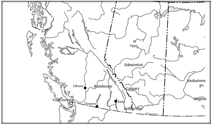 Distribution of the Columbia Dune Moth in  Canada. Black dots show sites at Lillooet, Osoyoos, and Kaslo, BC.