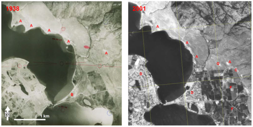 Landscape-scale  changes to habitats around Osoyoos between 1938 (left) and 2001 (right)