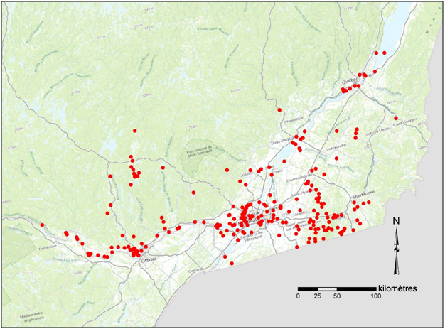 Compilation des  mentions d’observation de noyers cendrés au Québec d’après la base de données  du CDPNQ