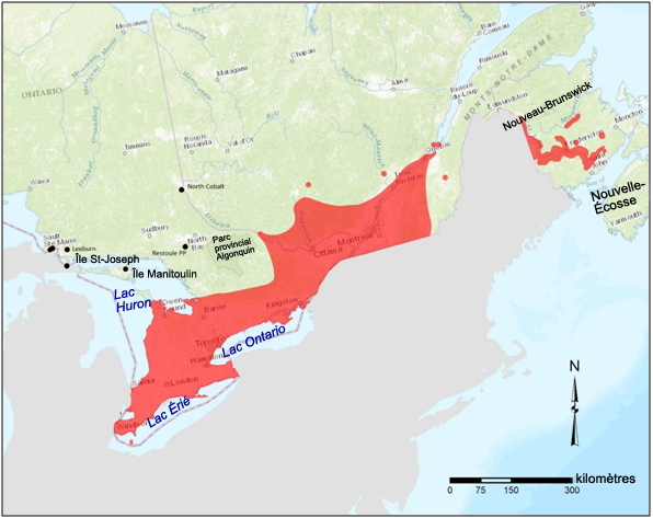 Aire  de répartition indigène canadienne du noyer cendré (adaptée de Farrar, 1995;  ONHIC, 2015; AC CDC, 2015; CDPNQ, 2015)