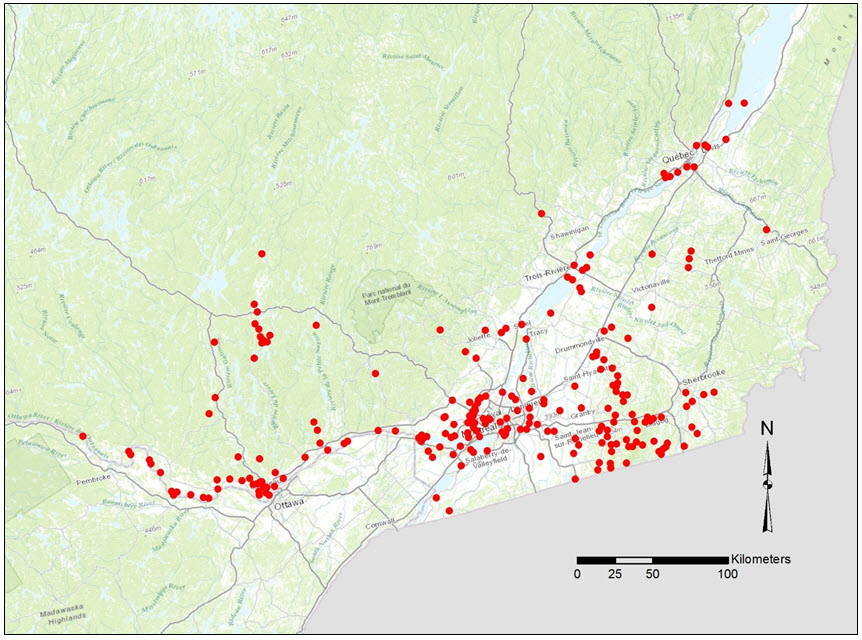 Quebec Butternut observation records compiled in the CDPNQ  database.