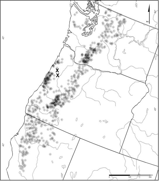 Figure 5. Distribution of 750 sampling plots for bryophytes and lichens for pilot studies conducted by the U.S. Dept. of Interior Bureau of Land Management from 2000 to 2003.