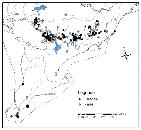 Figure 6. Répartition du scinque pentaligne (Eumeces fasciatus) en Ontario, d’après l’Ontario Herpetofaunal Summary Atlas (Oldham et Weller, 2000).