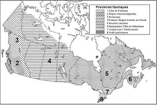 Figure 5. Carte des provinces fauniques des amphibiens, reptiles et mollusques terrestres du Canada (COSEPAC, 2004).