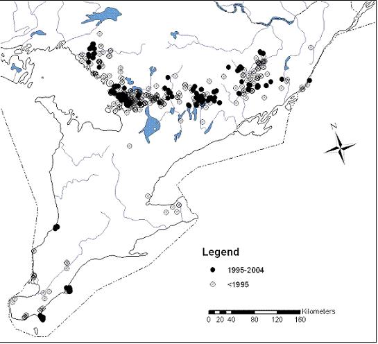 Figure 6. Distribution of Eumeces fasciatus in Ontario based on records from the Ontario Herpetofaunal Summary Atlas (Oldham and Weller, 2000).