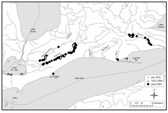 Map of the Ontario range of the Eastern Sand Darter. (See long description below)