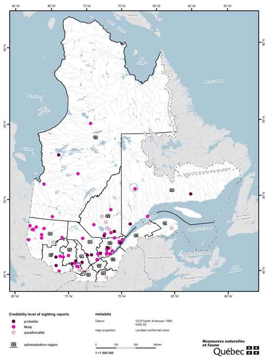Locations of Wolverine sighting reports in Québec