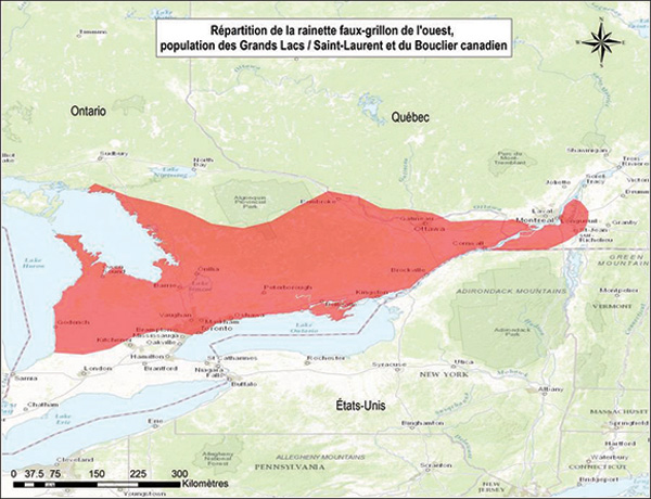 La carte montre le sud de l'Ontario, le sud-ouest du Québec ainsi qu'une partie des États-Unis