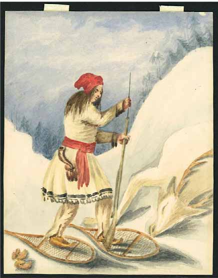 Peinture illustrant le Grand Chef Nicolas Vincent Tsawenhohi chassant en raquettes.