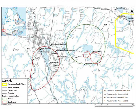 Cartographie des zones sensibles en lilen avec le caribou - Temiskaming First Nation.