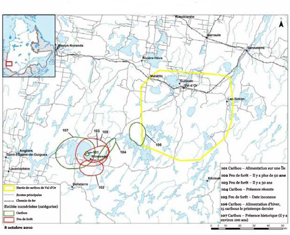 Carte illustrant les zones sensibles au caribou boréal - Winneway.