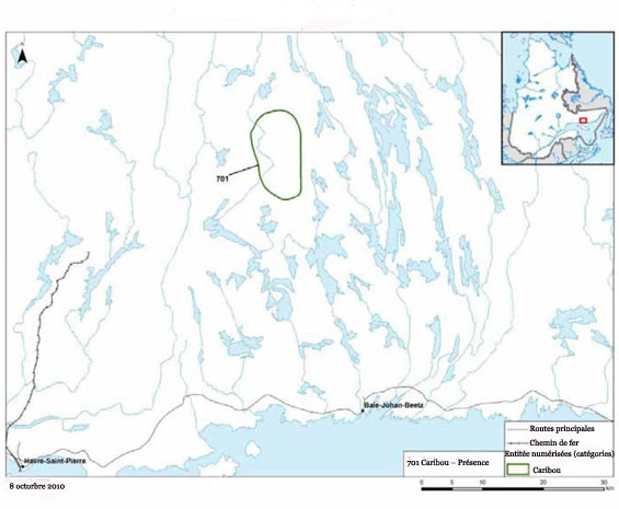 Carte indiquant l'emplacement des zones sensibles au caribou boréal - Natashquan.