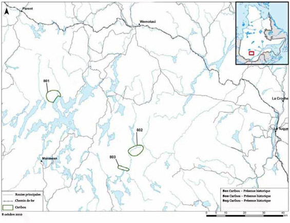 Figure 14a : Cartographie des zones sensibles en lien avec le caribou - Manawan.