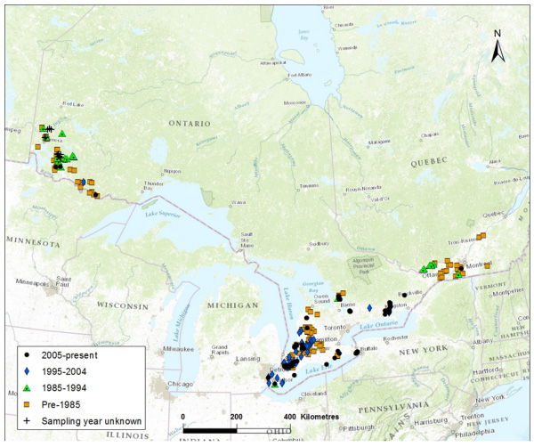Map showing Canadian distribution of Northern Sunfish. Symbols indicate locations and dates of records. (see long description below)