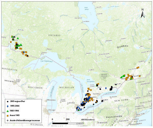 Carte: Aire de répartition canadienne du crapet du Nord. (voir longue description ci-dessous).