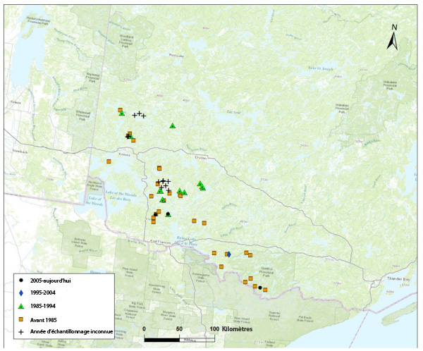Carte: Aire de répartition du crapet du Nord dans le nord-ouest de l'Ontario (voir longue description ci-dessous)