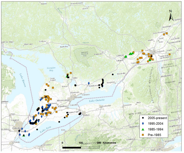 Map showing Distribution of Northern Sunfish in southern Ontario and Québec (Great Lakes-Upper St. Lawrence DU). (see long description below)