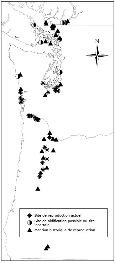 La figure 1 indique les sites de reproduction actuels et historiques de l'Alouette hausse-col de la sous-espèce strigata et les sites de nidification historiques possibles ou sites incertains durant la période de reproduction dans les États américains de Washington et de l'Oregon.