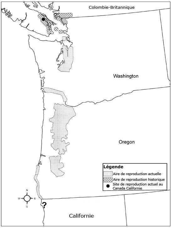 La figure 2 indique les aires de reproduction actuelles et historiques du Bruant vespéral de la sous-espèce affinis au Canada et aux États-Unis. Elle indique également un site de reproduction actuel au Canada.