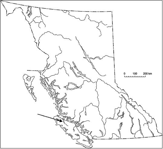 Figure 4.  Map of British Columbiashowing global and Canadian range of the Misty Lake sticklebacks on Vancouver Island. Arrow indicates location of Misty Lake drainage.